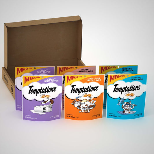 TEMPTATIONS Classic, Crunchy and Soft Cat Treats Variety Pack, Creamy Dairy Flavor, Tempting Tuna Flavor, Shrimpy Shrimp Flavor, and Tantalizing Turkey Flavor, (6) 6.3 Oz. Pouches Animals & Pet Supplies > Pet Supplies > Cat Supplies > Cat Treats Mars Petcare   