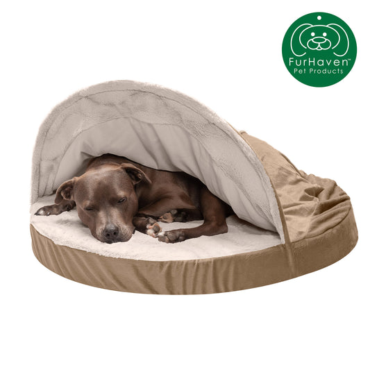 Furhaven Pet Dog Bed | Orthopedic Wave Fur & Velvet Snuggery Burrow Pet Bed for Dogs & Cats, Brownstone, 35" Base Animals & Pet Supplies > Pet Supplies > Cat Supplies > Cat Beds FurHaven Pet 35" Base Brownstone 