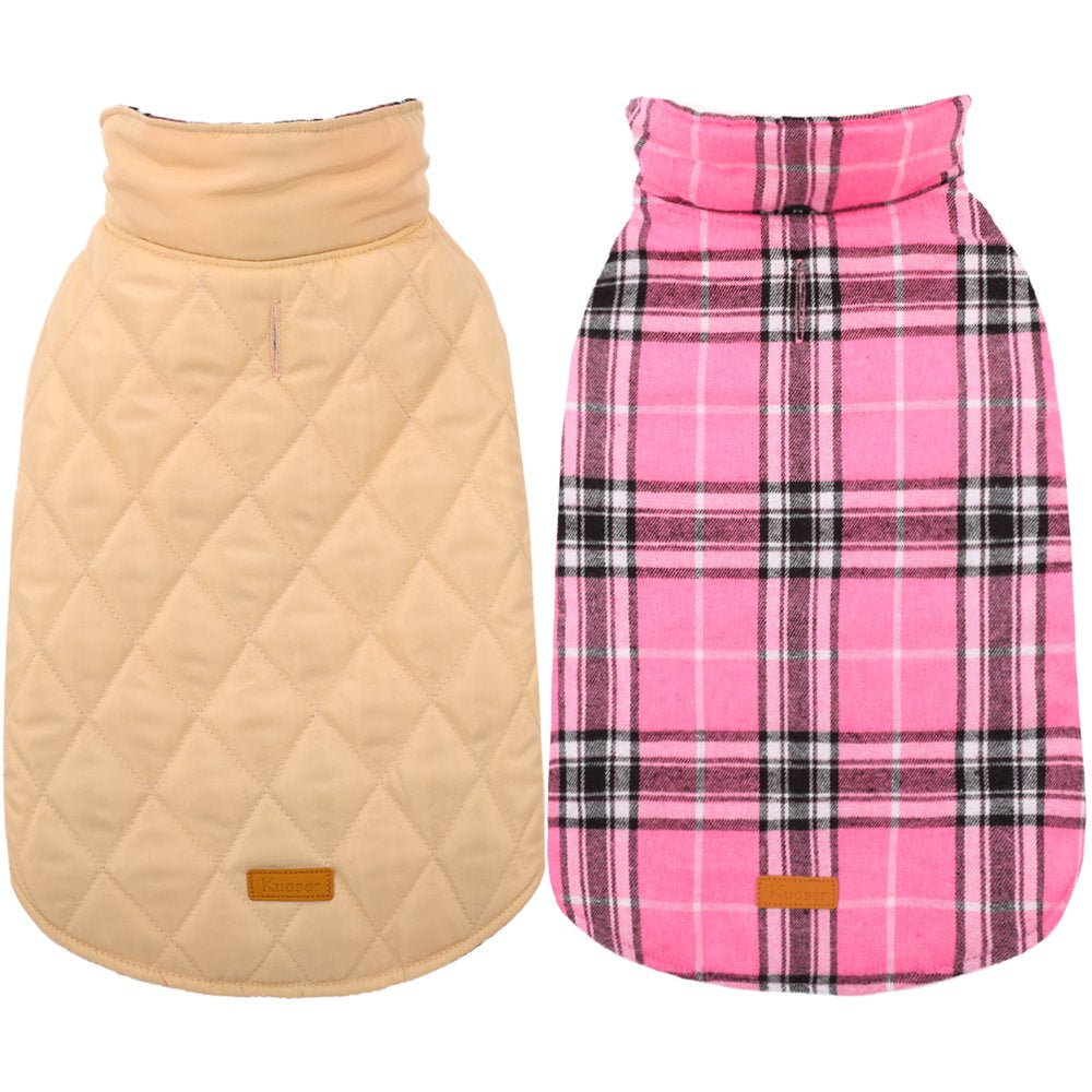 Kuoser Cozy Waterproof Windproof Reversible British Style Plaid Dog Vest Winter Coat Warm Dog Apparel for Cold Weather Dog Jacket for Small Medium Large Dogs with Furry Collar (XS - 3XL) Animals & Pet Supplies > Pet Supplies > Dog Supplies > Dog Apparel Kuoser XS-Chest Girth:11.8-14.6" Pink 