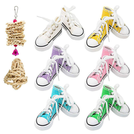 BINYOU Bird Chewing Toy 12 Pieces Parrot Sneakers Colorful Shredder Hanging Cage Toys