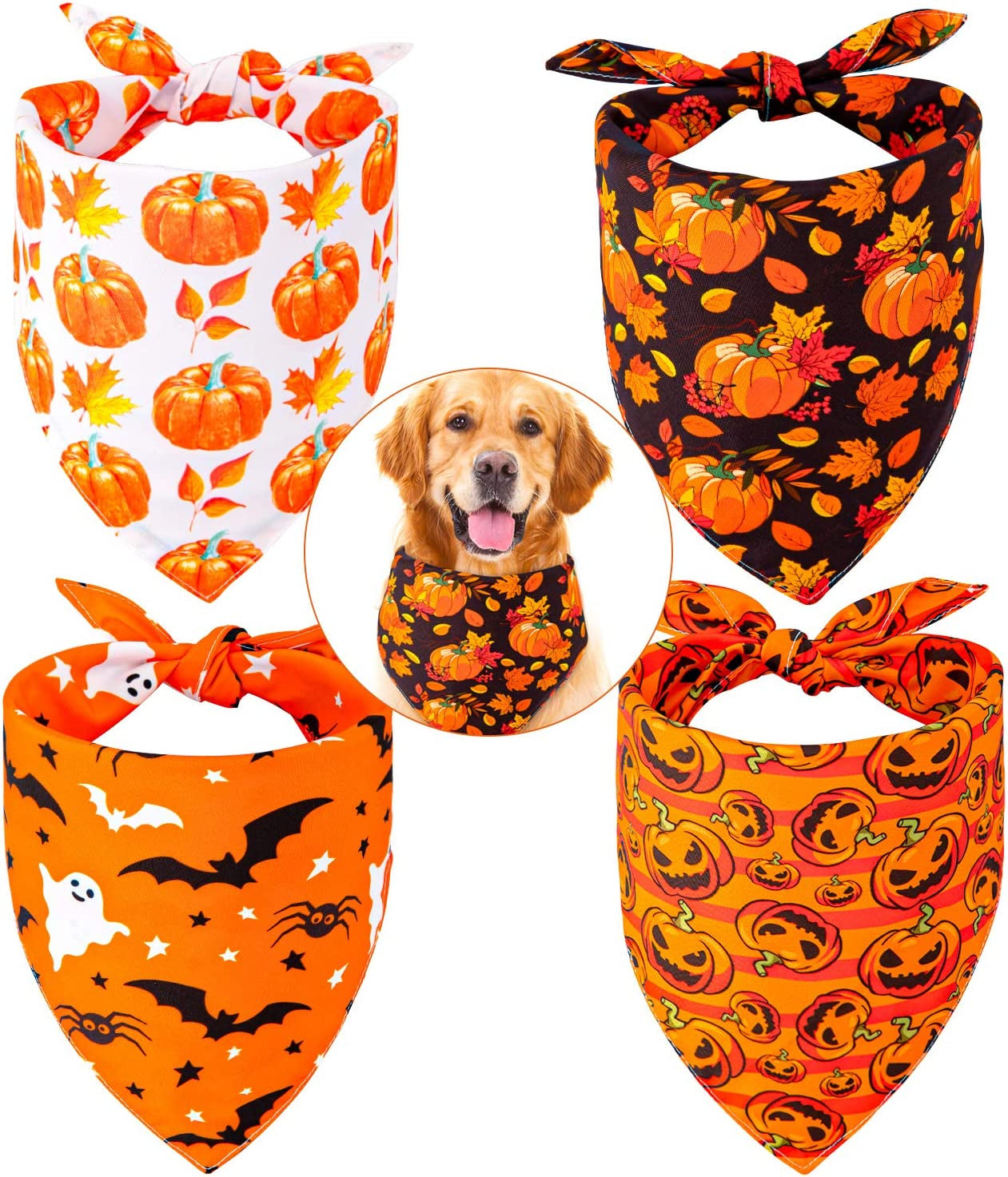 Whaline 4 Pack Autumn Dog Bandanas Reversible Halloween Fall Triangle Bibs Pumpkin Ghost Bat Pet Scarf Washable Cotton Pet Neckerchief for Medium Large Pets Cats Dogs Animals & Pet Supplies > Pet Supplies > Dog Supplies > Dog Apparel Whaline   