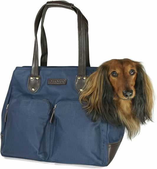 DJANGO Dog Carrier Bag - Waxed Canvas and Leather Soft-Sided Pet Travel Tote with Bag-To-Harness Safety Tether & Secure Zipper Pockets (Medium, Navy Blue) Animals & Pet Supplies > Pet Supplies > Dog Supplies > Dog Apparel DJANGO Navy Blue Large 