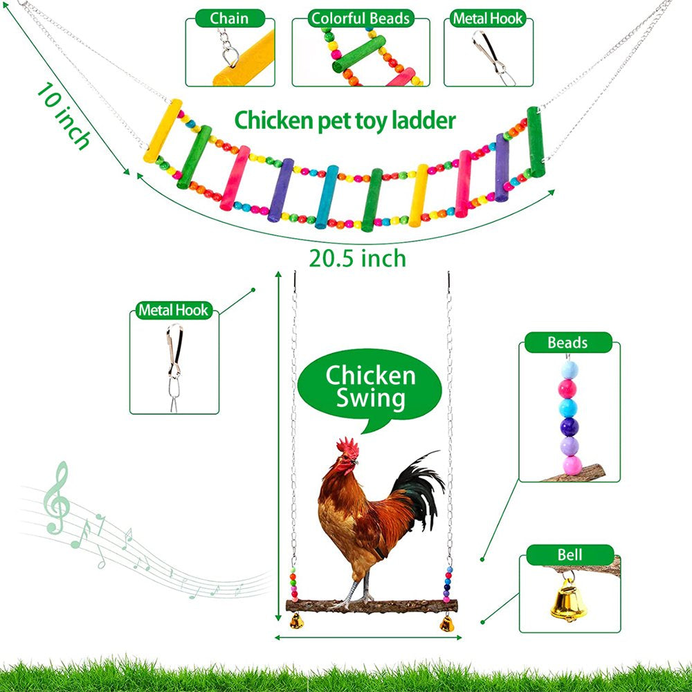Welpettie 6Pcs Chicken Toys Set Chewing Foraging Toys Parrot Playing Training Toys with Wooden Swing Fruit Vegetable Hanging Feeder Xylophone Mirror Bell Ladder Toy for Chicken Parrots Birds
