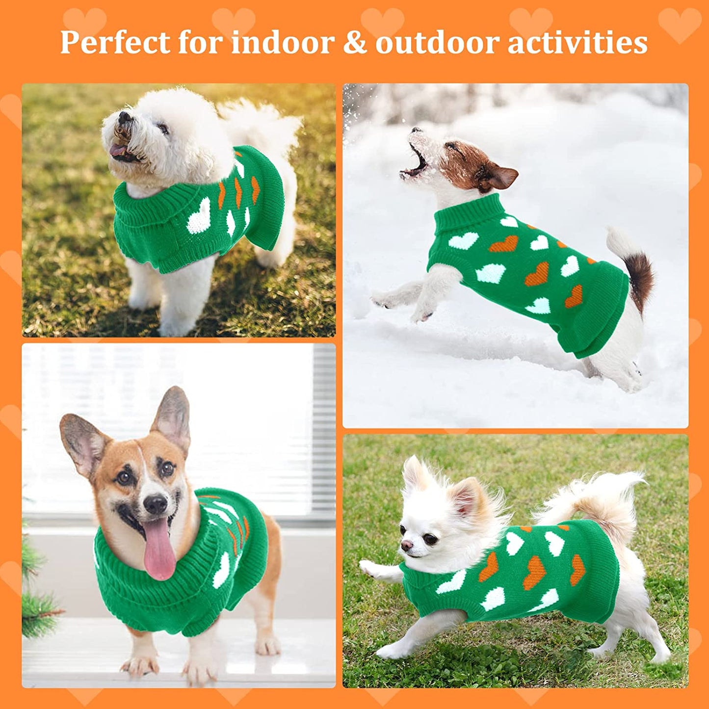 Kuoser Dog Sweater, Knitwear Turtleneck Winter Warm Puppy Clothing, Heart Pullover Pet Coat Cute Dog Sweater Dress for Small & Medium Dogs Cats with Leash Hole Xs-Xl(Green,Xl) Animals & Pet Supplies > Pet Supplies > Dog Supplies > Dog Apparel Kuoser   