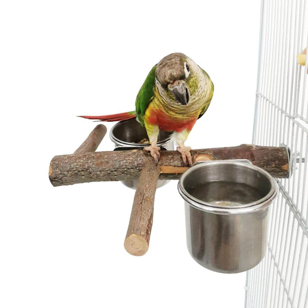 IMSHIE Bird Standing Perch with Bowls Detachable Stainless Steel Bird Feeding Cup Birds Cage Accessories Wooden Bird Stand Feeding Cage Cups for Parakeet Cockatiels Lovebirds Budgie 1Set 2 Greater