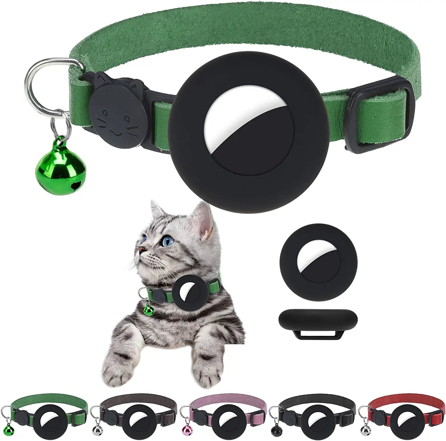 DILLYBUD Airtag Cat Collar Holder 2 Pack Reflective Air Tag Cat Collars Breakaway with Bell, Silicone Waterproof Airtag Case Compatible with Apple Airtag for Small Pets Puppy Kitten Electronics > GPS Accessories > GPS Cases DILLYBUD Olive Green Leather 