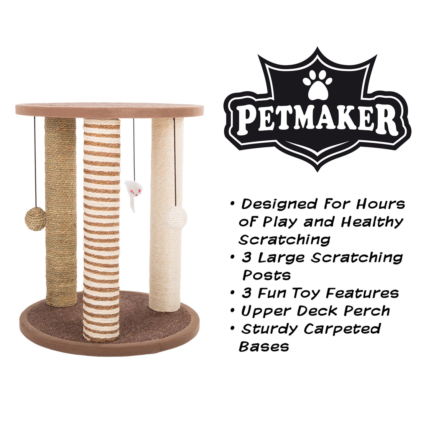 Cat Scratching Post – 3 Scratcher Posts with Carpeted Base Play Area and Perch – Furniture Scratching Deterrent for Indoor Cats by PETMAKER (Brown) Animals & Pet Supplies > Pet Supplies > Cat Supplies > Cat Furniture Trademark Global   