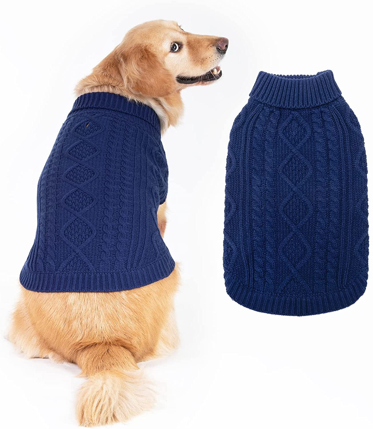 BINGPET Dog Knitted Sweaters - Turtleneck - Classic Cable Knit Dog Jumper Coat Warm Sweartershirts Outfits for Dogs Cats in Autumn Winter Animals & Pet Supplies > Pet Supplies > Dog Supplies > Dog Apparel BINGPET NavyBlue Small/Medium 