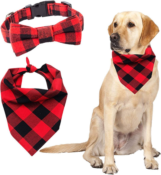 Dog Collar and Bandana Set ,Dog Collar Christmas Red and Black Plaid Bow Tie Dog Collar for Medium Adjustable Dog Collar for Large Dog Bandana Collar for Small Dogs Animals & Pet Supplies > Pet Supplies > Dog Supplies > Dog Apparel Siroomly Red S 