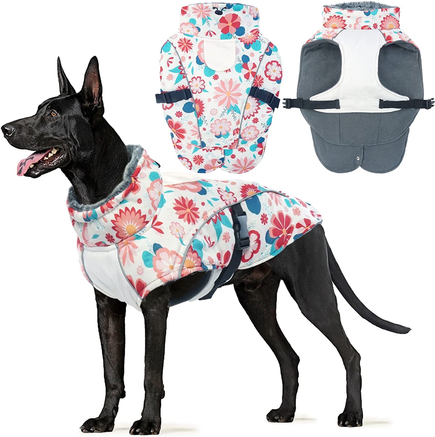 FUAMEY Dog Cold Weather Jacket,Dog Winter Coat with Fur Collar Pet Windproof Warm Vest Doggie Reflective Apparel Small Medium Large Paded Dog Clothes with Leash Hole Thick Dog Fleece Outdoor Coats Animals & Pet Supplies > Pet Supplies > Dog Supplies > Dog Apparel FUAMEY flower XXX-Large(chest:35-43in） 