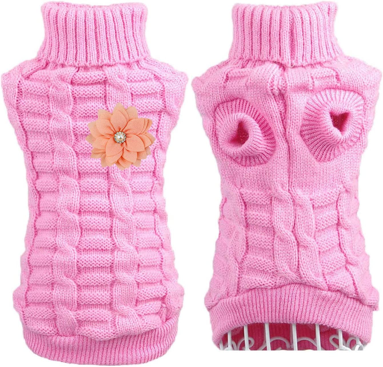 Cat Dog Sweater for Cats and Small Dogs, Warm Soft Cat Dog Turtleneck Braid Plait Knitwear with Fabric Flower Clip Decor (S, Pink) Animals & Pet Supplies > Pet Supplies > Dog Supplies > Dog Apparel Aillion   