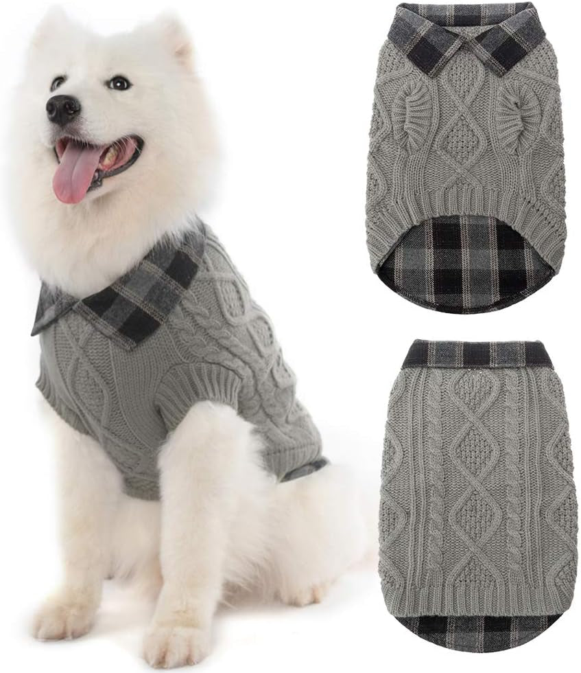 Warm Dog Sweater Winter Clothes - Plaid Patchwork Pet Doggy Knitted Sweaters Comfortable Coats for Cold Weather, Fit for Small Medium Large Dogs Animals & Pet Supplies > Pet Supplies > Dog Supplies > Dog Apparel Homimp Grey Large 