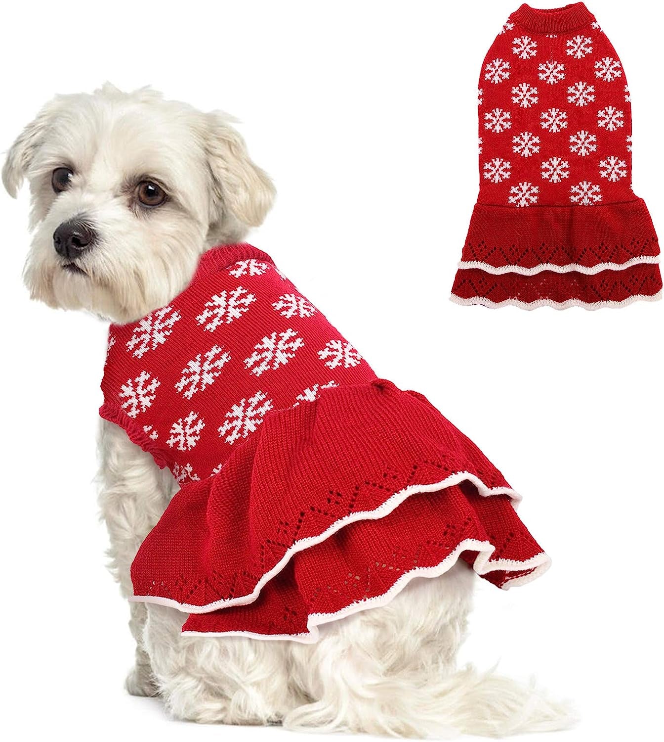 ROZKITCH Dog Sweater Dress Turtleneck Vest for Female Girls, Winter Warm Dog Pullover Knitwear Pet Sweater, Red Dog Princess Knitwear Sweater Dress Clothes for Fall Winter Christmas Holiday with Bow Animals & Pet Supplies > Pet Supplies > Dog Supplies > Dog Apparel ROZKITCH Snow XL 