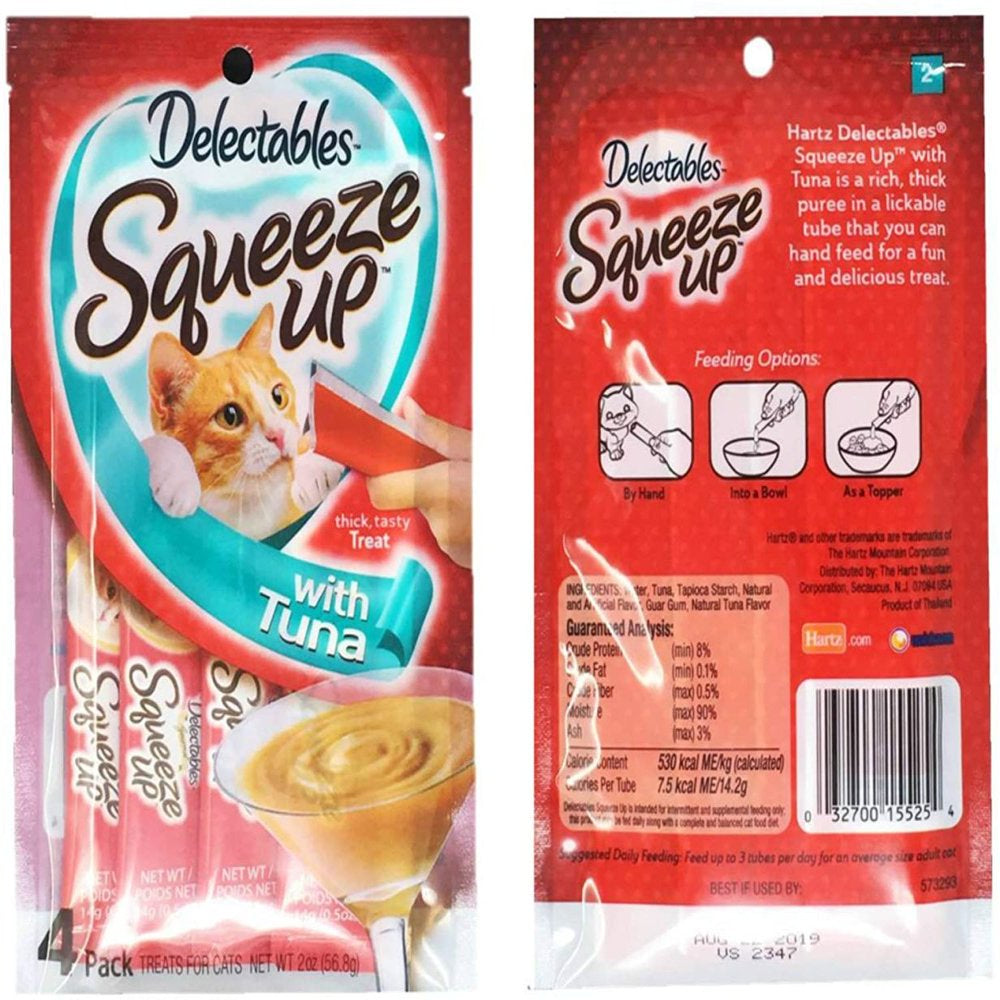 Delectables Squeeze up Hartz Cat Treats Bundle of 4 Flavor Pouches, 2.0 Oz Each (Tuna)
