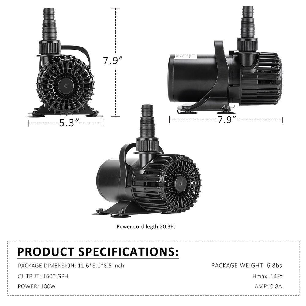 VIVOHOME Electric 100W 1600GPH Submersible Water Pump for Koi Pond Pool Waterfall Fountains Fish Tank and Aquarium Animals & Pet Supplies > Pet Supplies > Fish Supplies > Aquarium & Pond Tubing VIVOHOME   