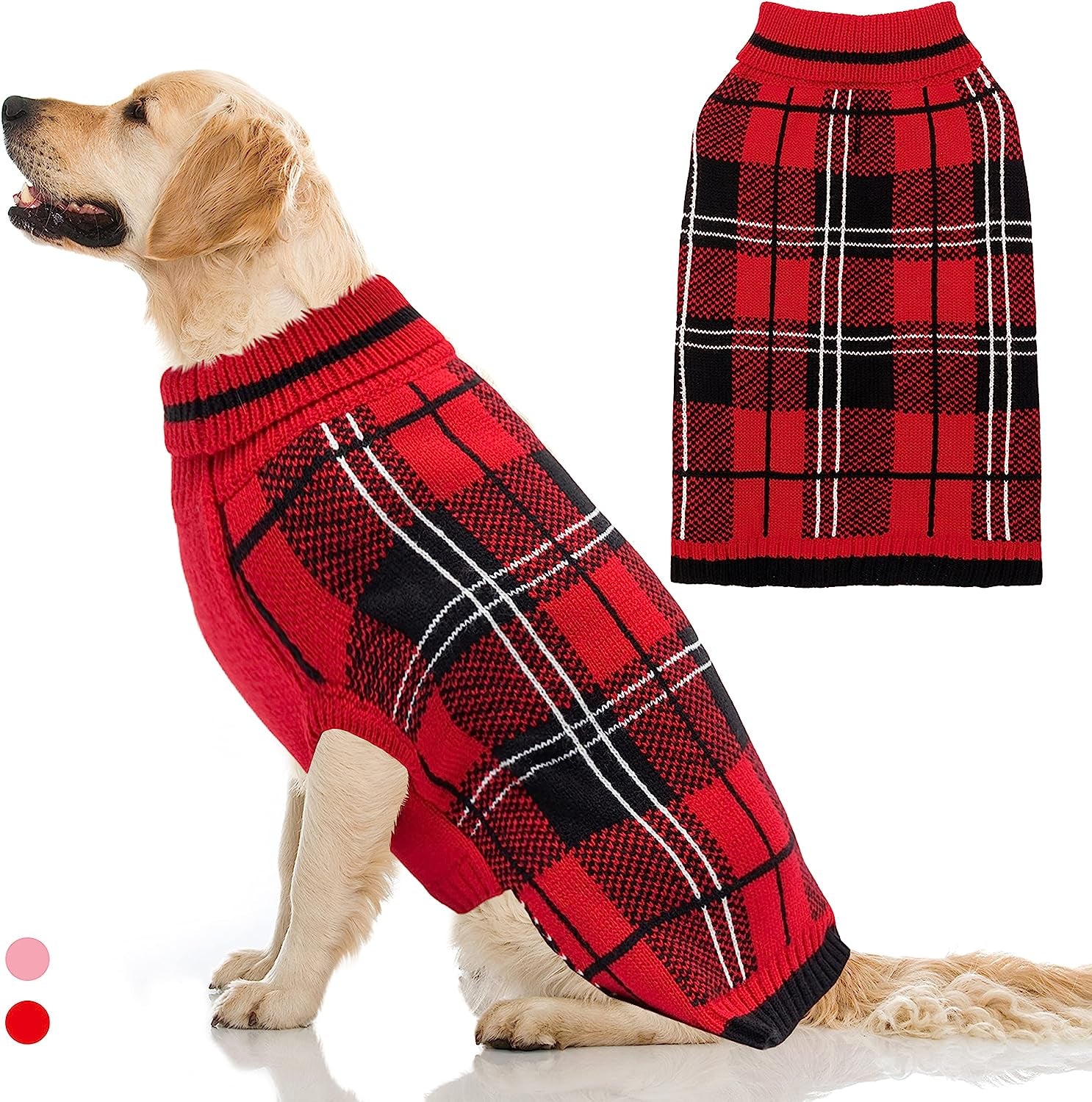 Dog Sweater for Small Medium Large Dog - Pink Plaid Christmas Winter Dog Sweater Vest for Cold Weather - Knitted Turtleneck Warm Pullover Dog Clothes with Leash Hole (S-XL) Animals & Pet Supplies > Pet Supplies > Dog Supplies > Dog Apparel MIMLOB Red XL: neck 17"-22", chest 29"-34" 