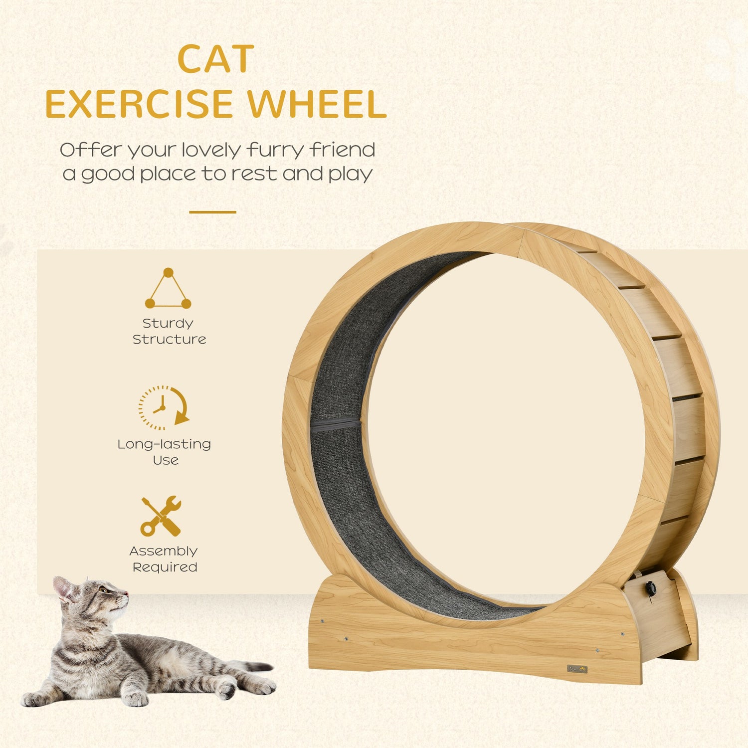 Pawhut Cat Running Wheel Cat Tree with Carpet Runway Cat Exercise Wheel with Brake Cat Tower Pet Furniture for Kittens Natural