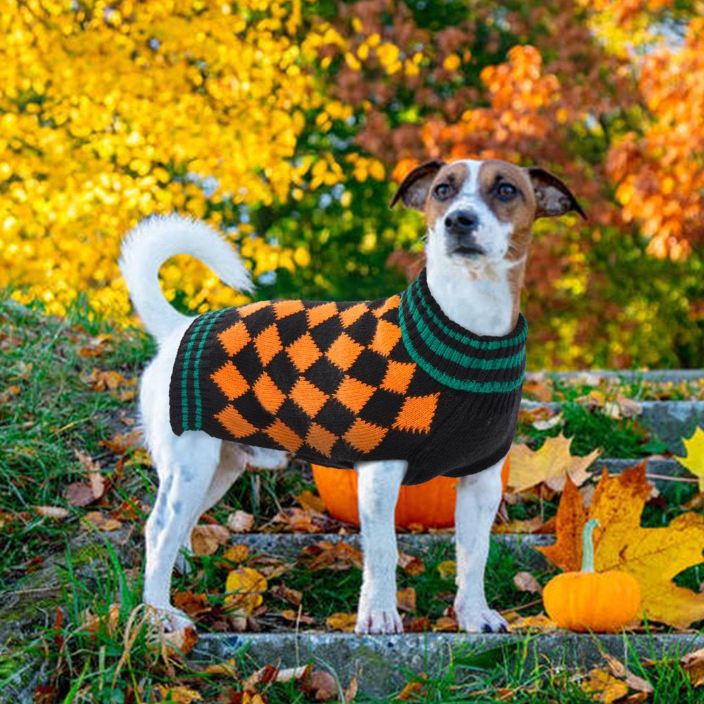 QBLEEV Pet Clothes the Halloween Orange Plaid Dog Sweater, Dog Knitwear Apparel, Pet Sweatshirt for Small and Medium Dogs