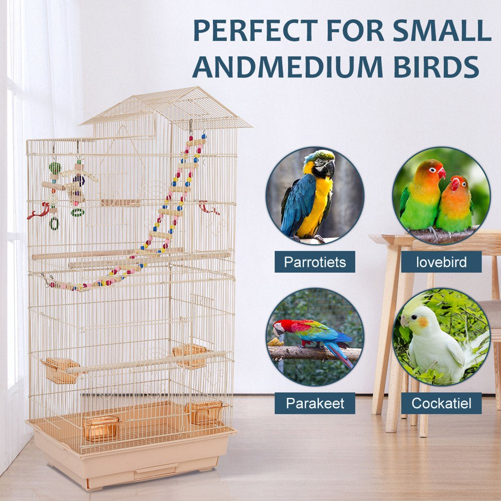 Dkelincs 39 Inch Big Birdcage Study Parakeet Cage Aviary with Accessories Roof Top Flight Parrot Cage with Ladder & Swing for Parakeet, Cockatiels, Parrots, Almond Animals & Pet Supplies > Pet Supplies > Bird Supplies > Bird Cage Accessories Dkeli   