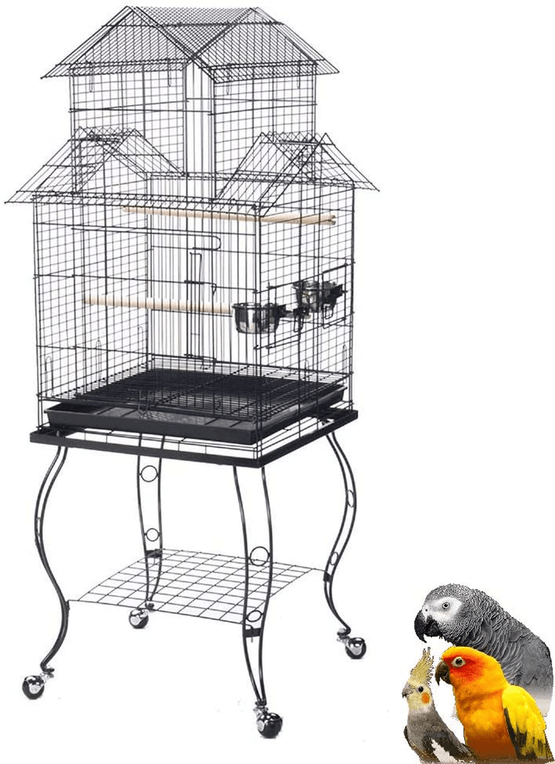 55" Rolling Standing Triple Roof Top Medium Bird Cage for Mid-Sized Parrot Cockatiel Sun Parakeet Green Cheek Conure Caique Pet Bird Cage with Detachable Stand Animals & Pet Supplies > Pet Supplies > Bird Supplies > Bird Cages & Stands Mcage   