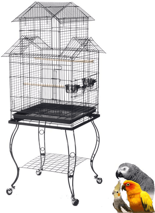 55" Rolling Standing Triple Roof Top Medium Bird Cage for Mid-Sized Parrot Cockatiel Sun Parakeet Green Cheek Conure Caique Pet Bird Cage with Detachable Stand Animals & Pet Supplies > Pet Supplies > Bird Supplies > Bird Cages & Stands Mcage   