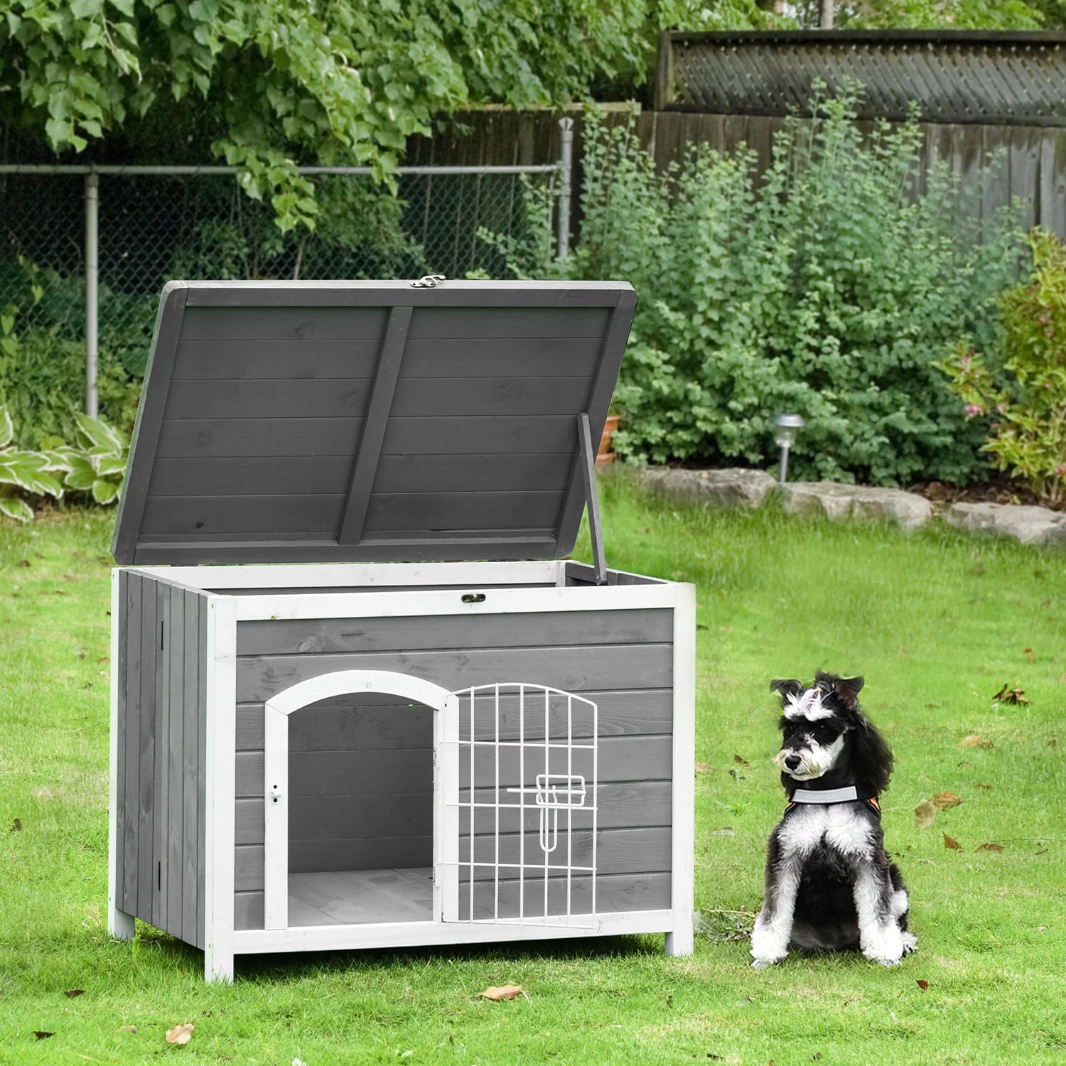 Pawhut Foldable Raised Wooden Dog House with Lockable Door, Openable Roof, Gray Animals & Pet Supplies > Pet Supplies > Dog Supplies > Dog Houses Aosom LLC   