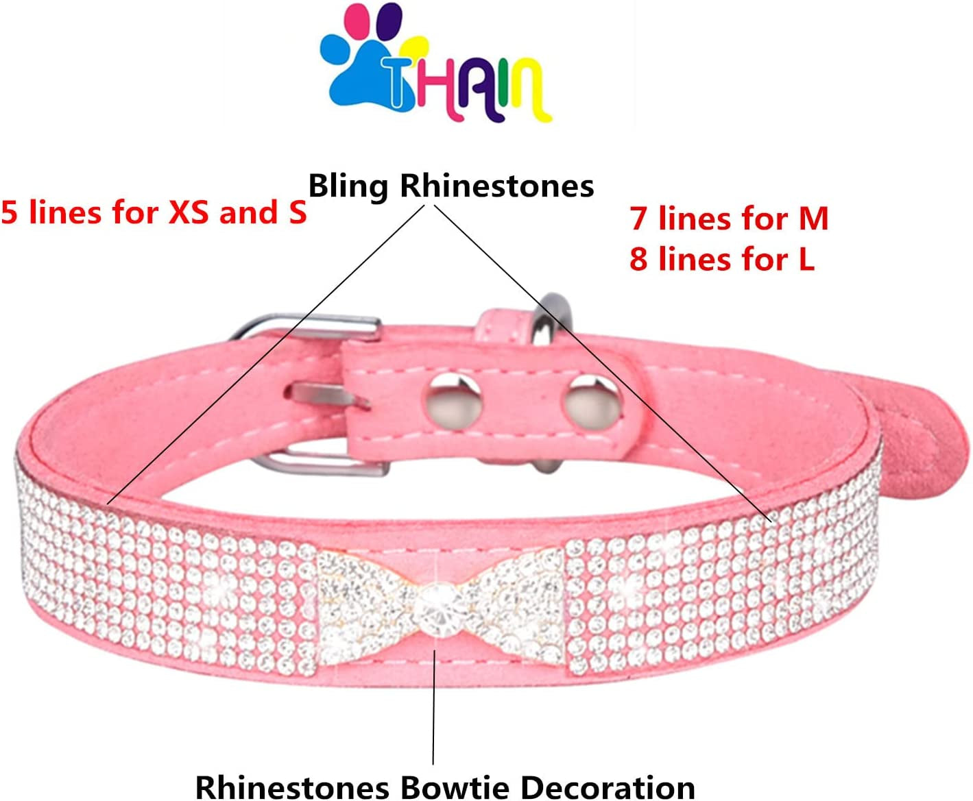 THAIN Rhinestones Bling Dog Cat Collars Diamond with Rhinestone Bowtie Decoration for Small Medium Large Dogs (S, Pink) Animals & Pet Supplies > Pet Supplies > Dog Supplies > Dog Apparel Jiaxing Sai en trading Co.,Ltd   