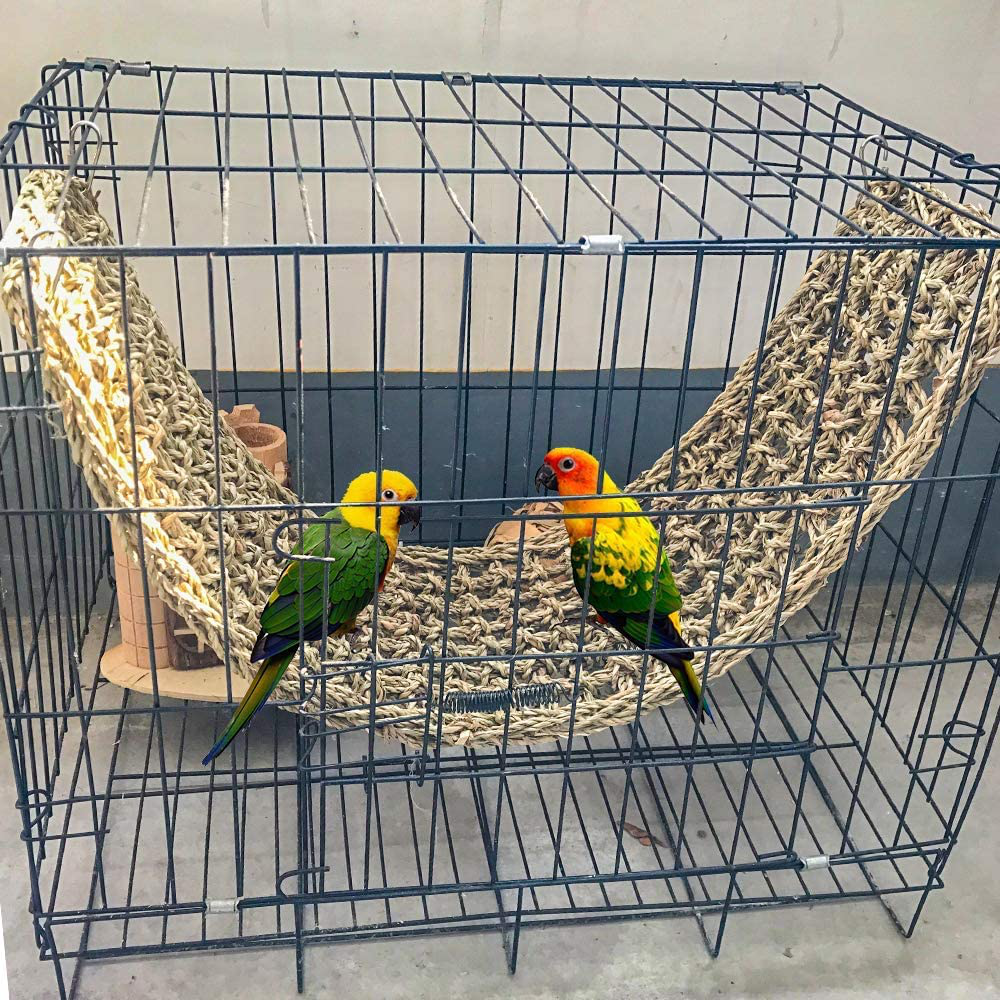 Bird Seagrass Mat,Natural Grass Woven Net Hammock Hanging on Parrot Cage with 4 Hooks,Parakeet Climbing Rope Ladder Chew Toys for Lovebird Cockatiel Conure Budgie,Cockatoo Supplies 28.3" X 6.7"