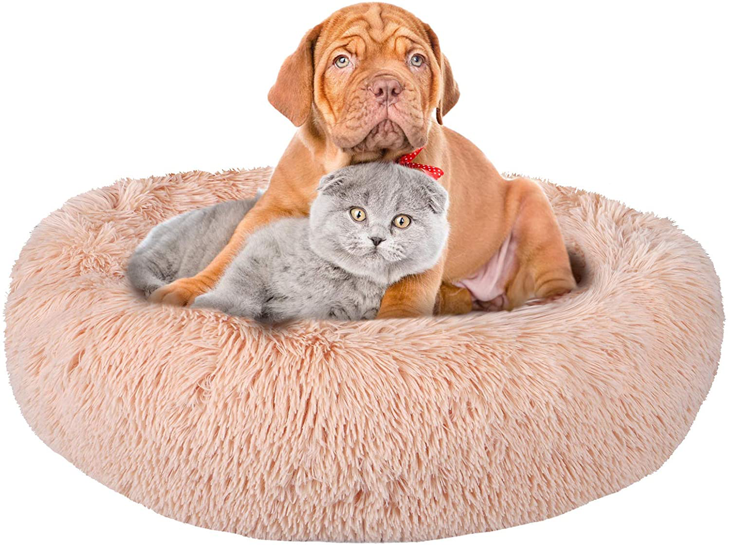 Calming Dog Beds for Large Medium Small Dogs, 24/32Inch Fluffy Cat Bed Donut Cuddler round Dog Beds, Ultra Soft Anti-Anxiety Pet Beds, Safe Faux Fur Material, Machine Washable