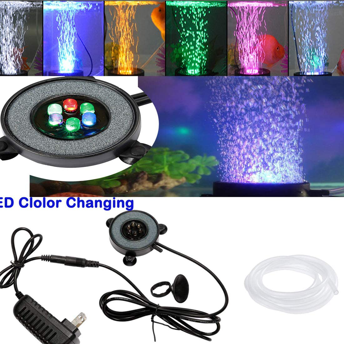 LED Aquarium Air Stones Fish Tank Bubbler Light Air Stone Diffuser Decor Lamp with Sucker Colorful Backgound Lighting (2.2Inch Light Disk(No Remote))