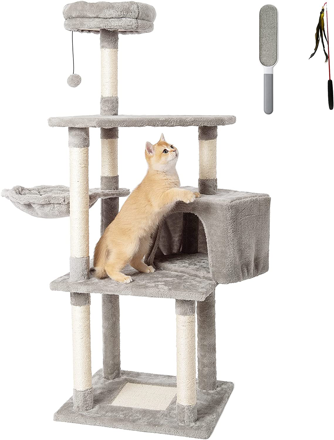 Pina Cat Tree Cat Tower 51 Inches for Indoor Cats, Multi-Level Cat Furniture with Hammocks,Sisal Covered Scratching Posts,Cat Climbing Tower with Hanging Pompoms Can Provide Cat Entertainment.
