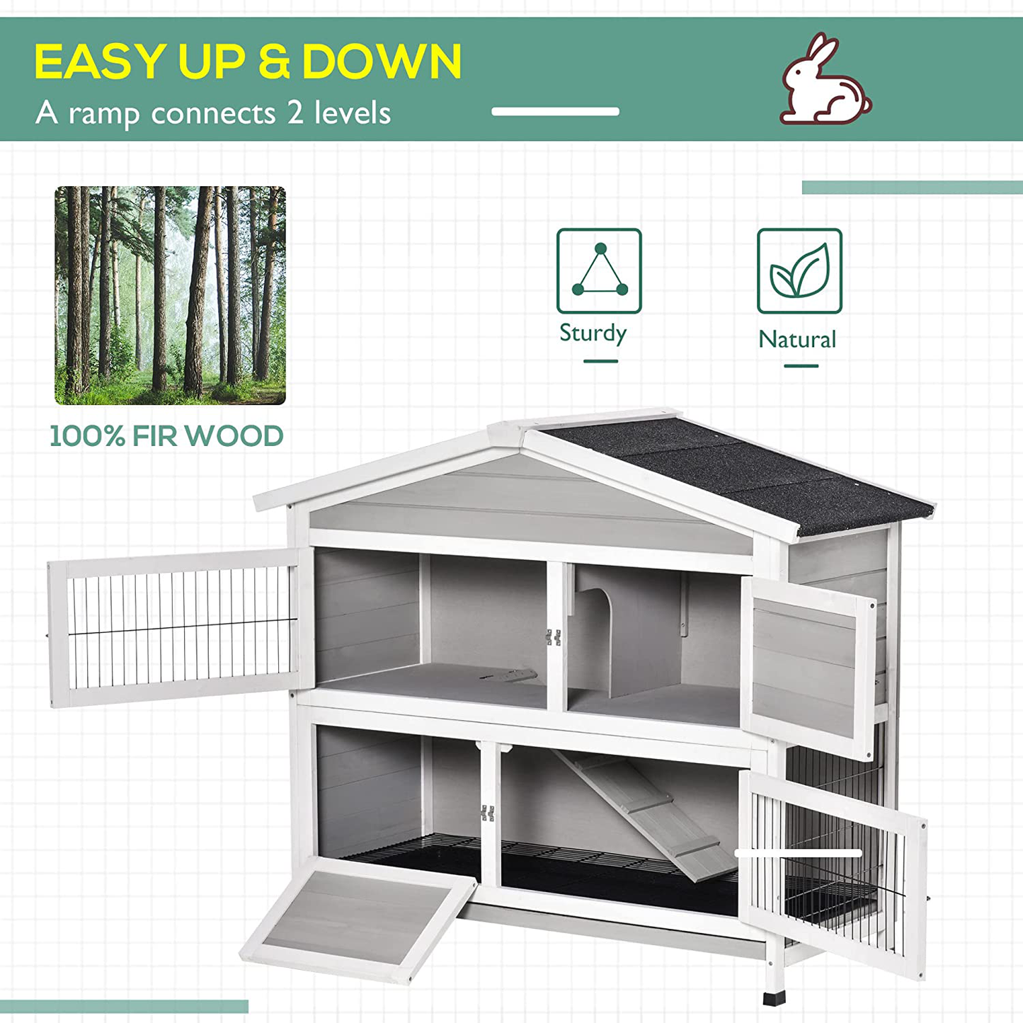 Pawhut 48" 2-Floor Large Rabbit Hutch Wooden Pet House Multi-Door Bunny Cage Small Animal Habitat with Ramp Slide-Out Tray Run Area Asphalt Roof Light Grey Animals & Pet Supplies > Pet Supplies > Small Animal Supplies > Small Animal Habitats & Cages PawHut   