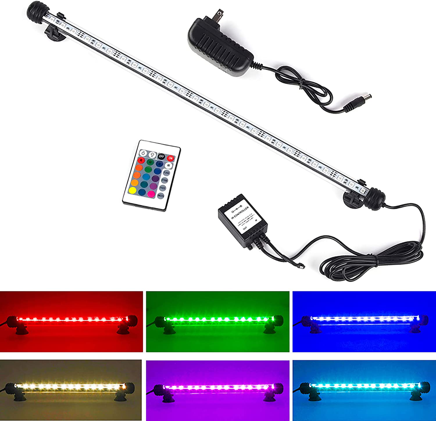 Color Changing Aquarium Lights LED Underwater Fish Tank Light RGB Waterproof Dim Adjustable Memory Submersible Remote Control Sucker Hang Lights Background Decor Waterfall Lights, 27 Inch