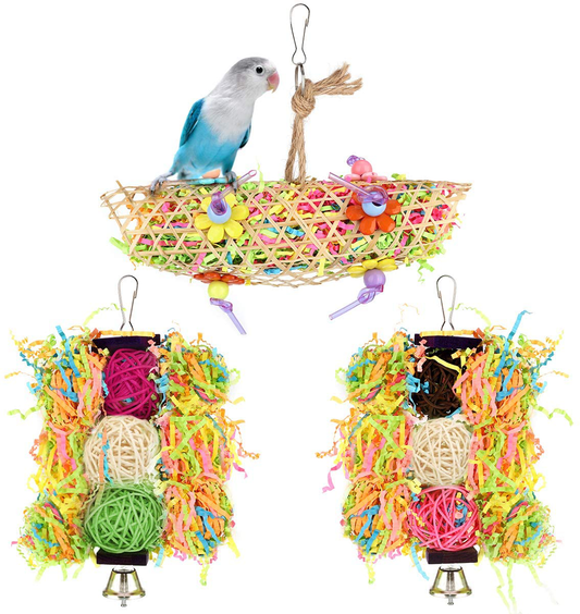 Pawaboo Bird Parrot Toys 3 Packs, Bird Chewing Foraging Shredder Toy Bird Cage Hammock Hanging Swing with Bells for Small Bird, Parakeets, Cockatiels, Conures, Budgie, Lovebirds, Hummingbird