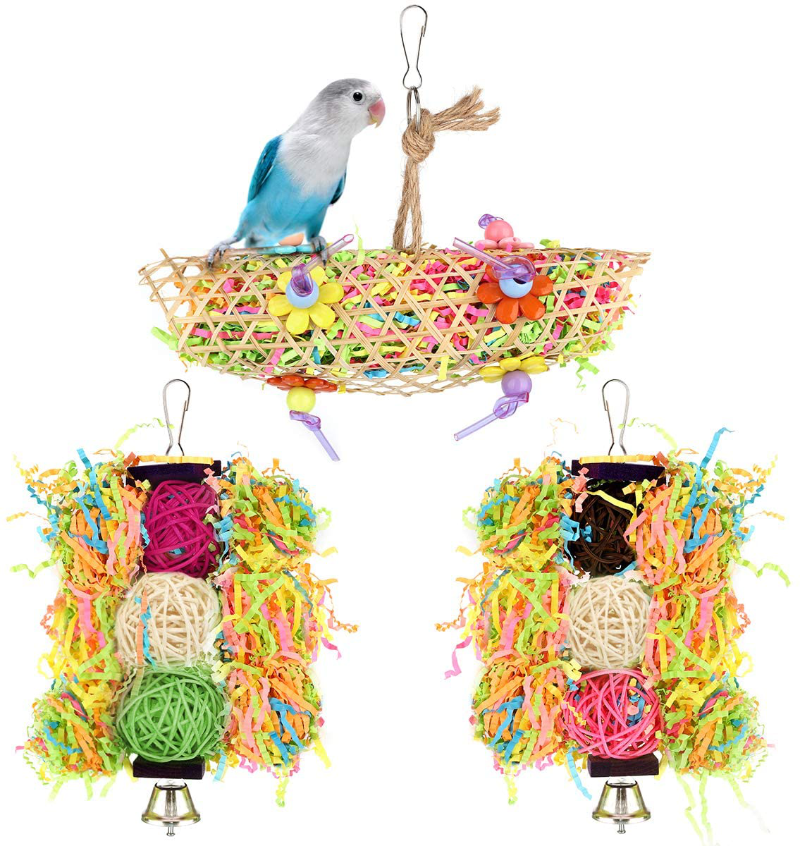 Pawaboo Bird Parrot Toys 3 Packs, Bird Chewing Foraging Shredder Toy Bird Cage Hammock Hanging Swing with Bells for Small Bird, Parakeets, Cockatiels, Conures, Budgie, Lovebirds, Hummingbird Animals & Pet Supplies > Pet Supplies > Bird Supplies > Bird Toys Pawaboo Beige  