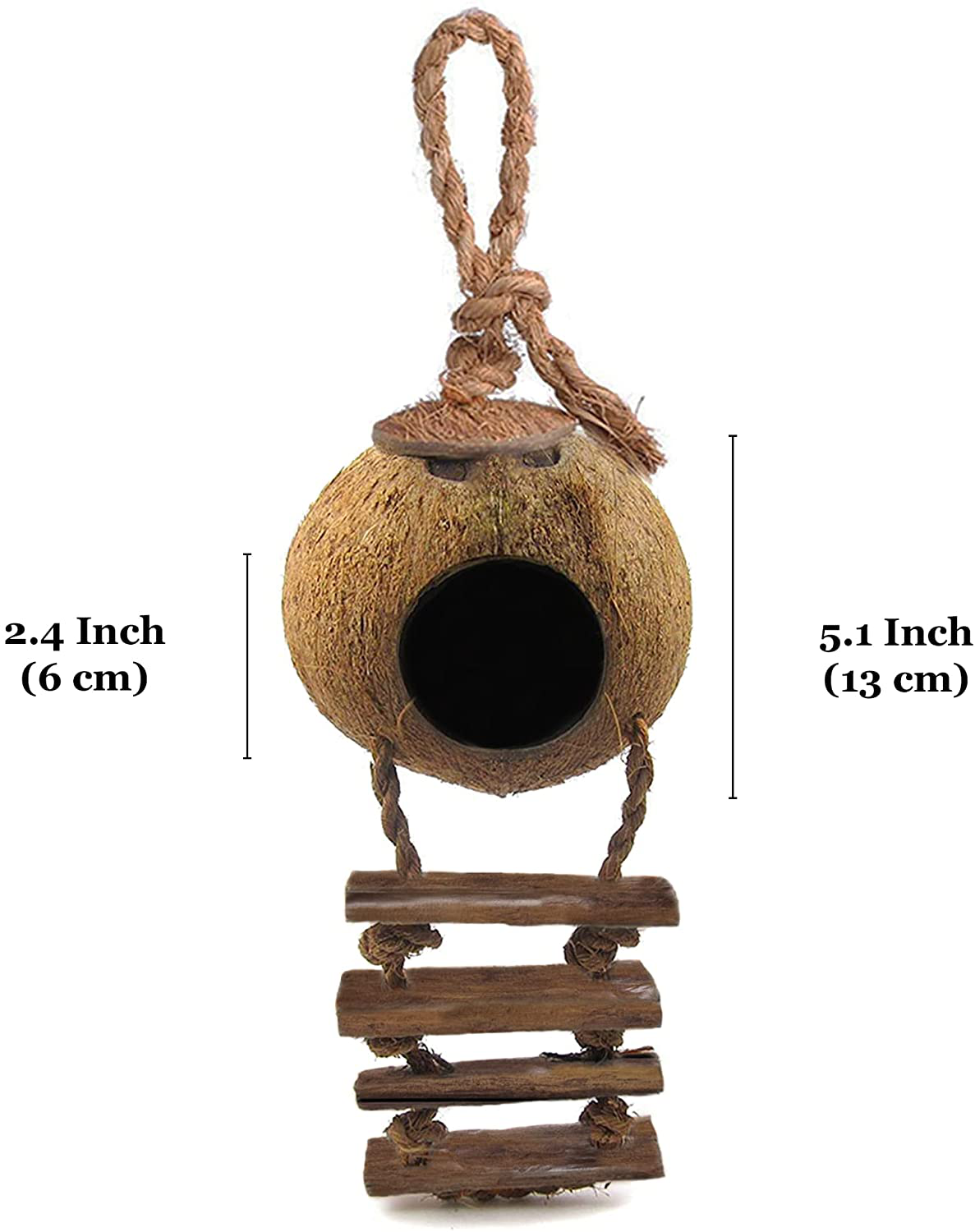Sungrow Crested Gecko Coco Den with Ladder, 5” Diameter, 2.5” Cave Opening, Raw Coconut Husk Habitat with Hanging Loop, 1 Pc per Pack