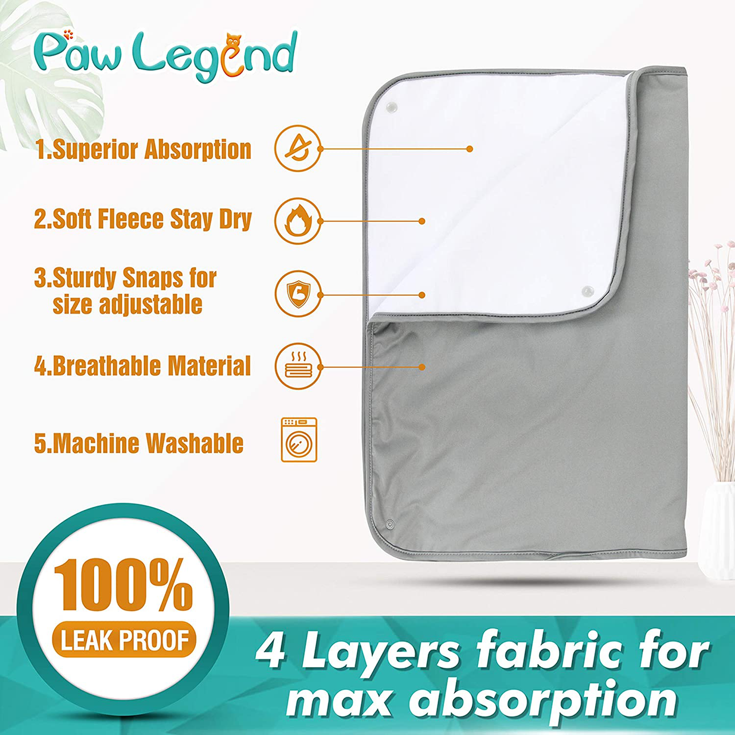 Paw Legend Washable Pee Pads for Dogs (2 Pack),Waterproof Reusable Dog Pee Pads,Washable Puppy Pads with Fast Absorbent (Grey Color)