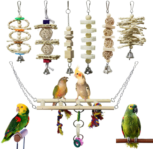 BWOGUE 7 Packs Bird Parrot Toys Natural Wood Chewing Toy Bird Cage Toys Hanging Swing Hammock Climbing Ladders Toys for Small Parakeets, Cockatiels, Conures, Finches,Budgie, Parrots, Love Birds