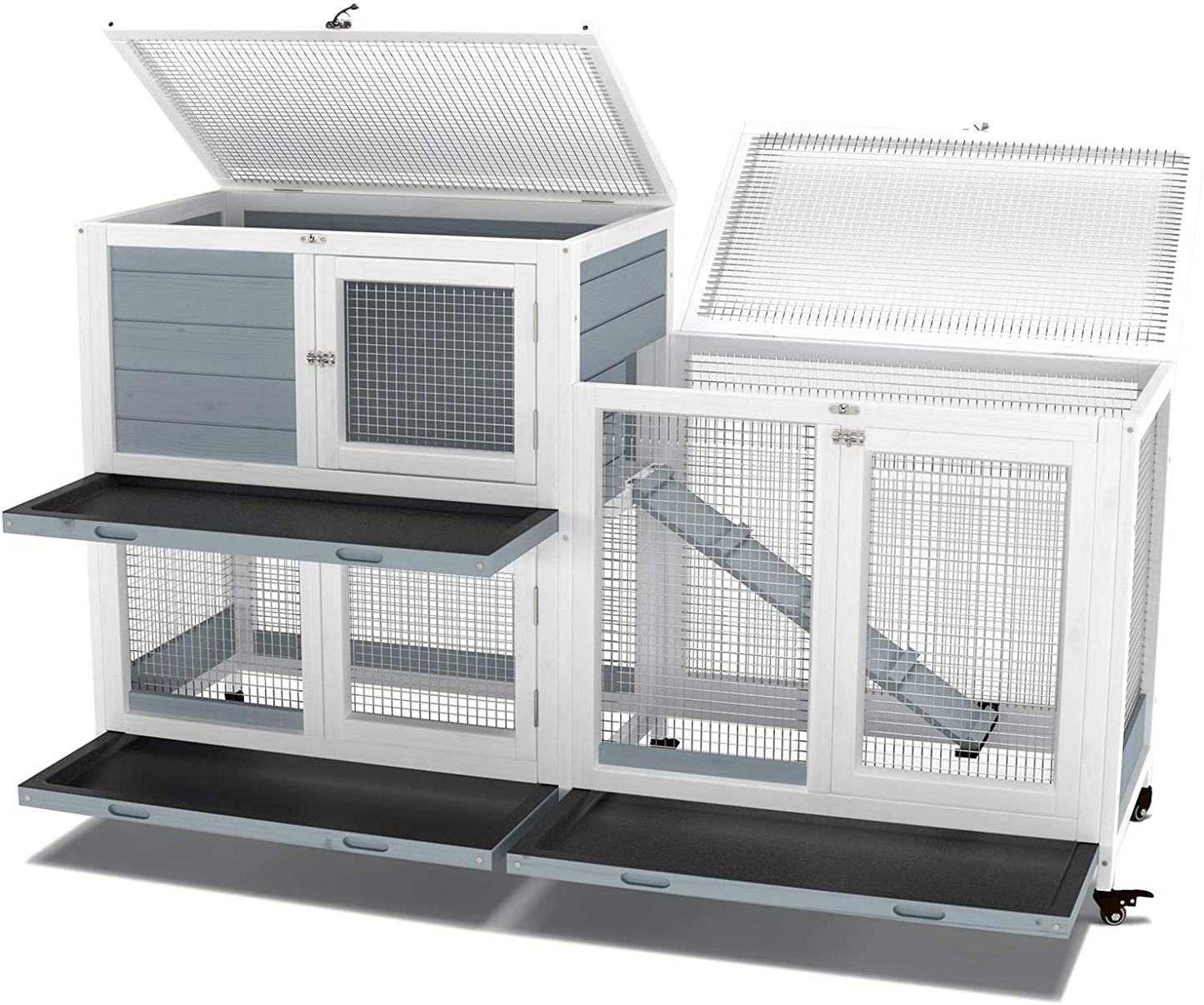 GDLF Two Floors 58" Wooden Indoor Bunny Hutch Rabbit Cage on Wheels Guinea Pig PET House for Small to Medium Animals Waterproof No Leak Tray Animals & Pet Supplies > Pet Supplies > Small Animal Supplies > Small Animal Habitats & Cages GDLF   