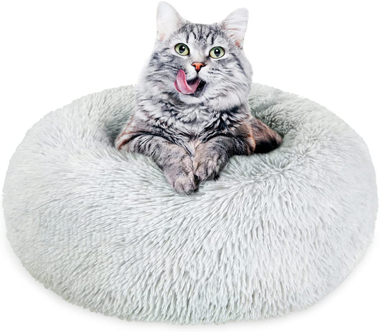 BEDELITE Dog Bed Cat Bed - round Dog Bed in Soft Faux Fur Pet Bed, Donut Calming Dog Bed & Cat Bed for Small Medium Dog & Cat 20/23/30 Inches Fit up to 15/25/45LBS (Grey, Blue, Brown) Washable Animals & Pet Supplies > Pet Supplies > Cat Supplies > Cat Beds BEDELITE Grey 20x20 inches 