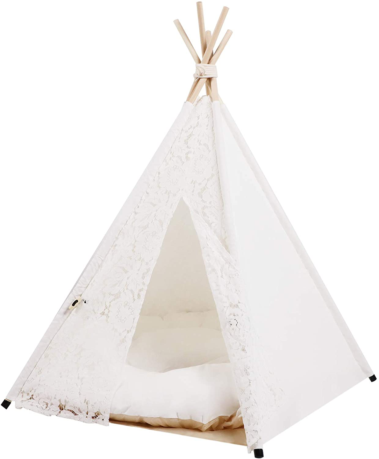 DEWEL Pet Teepee with Cushion Dog & Cat Tent with Soft Bed Portable Pet House for Small Medium Dogs and Cats, 27.5 Inch Tall Foldable Pet Teepee Tent for Puppy and Rabbit Indoor