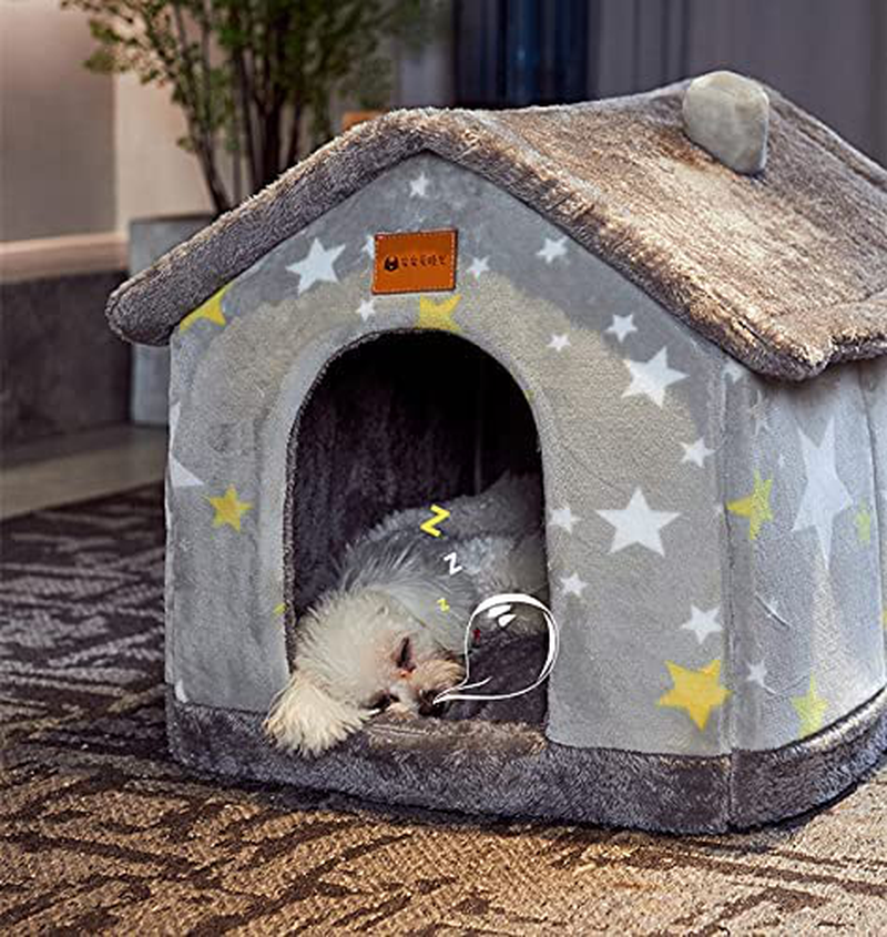 Foldable Dog House Kennel Bed Mat for Small Medium Dogs Cats,Winter Warm Cat Nest Puppy Cave Sofa Pet Products (Gray Star, L)