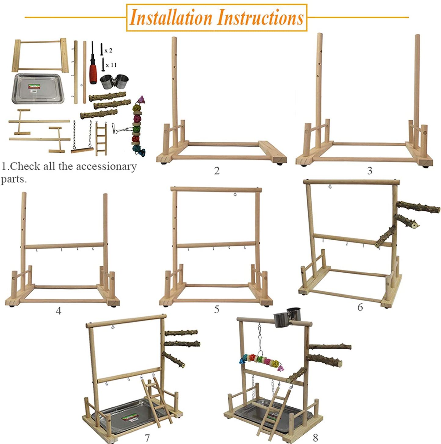 Kathson Bird Playground Parrot Perch Stand Toys, Birds Wood Play Gym Activity Center Exercise Playpen Ladder Swing with Feeder Cups Chewing Toy(Include a Tray) Animals & Pet Supplies > Pet Supplies > Bird Supplies > Bird Gyms & Playstands kathson   