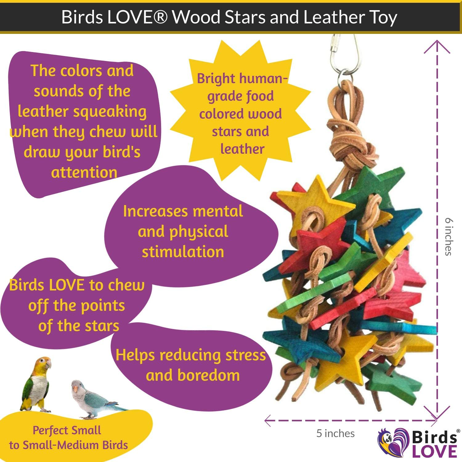 Birds LOVE Wood Stars and Leather Toy for Bird Cage Stand or Playgym, Medium Parrots Conures Quakers Caiques Mini Cockatoos African Grey