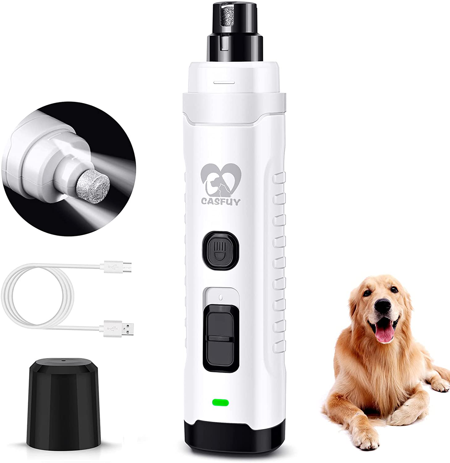 Casfuy Dog Nail Grinder with 2 LED Light for Large Medium Dogs - 3X More Powerful 2-Speed Electric Pet Nail Trimmer Rechargeable Quiet Painless Paws Grooming & Smoothing Tool Animals & Pet Supplies > Pet Supplies > Bird Supplies > Bird Treats Casfuy White  