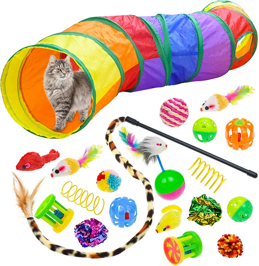 Malier 20 PCS Cat Kitten Toys Set, Collapsible Cat Tunnels for Indoor Cats, Interactive Cat Feather Toy Fluffy Mouse Crinkle Balls Toys for Cat Puppy Kitty Kitten Rabbit (A-Rainbow)