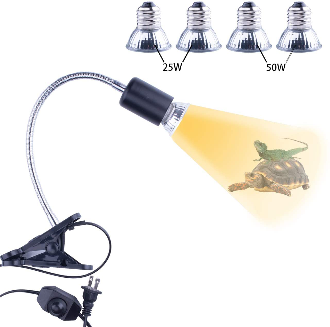 Reptile Heat Lamp, UVB Bulb, UVB Reptile Light Fixture, UVA UVB Reptile Light, Aquatic Turtle Heating Lamp, Turtle Aquarium Tank Heating Lamps Holder & Switch with 4 Heat Bulbs--Black