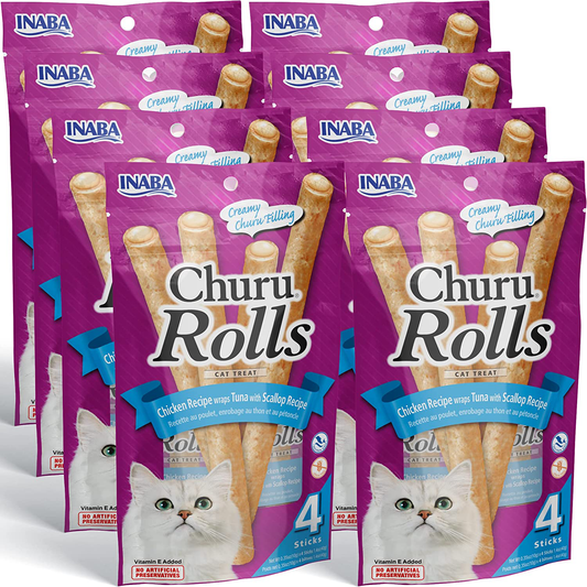INABA Churu Rolls for Cats, Grain-Free, Soft/Chewy Baked Chicken, Churu Filled Cats Treats with Vitamin E, 0.35 Ounces Each Stick| 32 Stick Treats Total (4 Sticks per Pack)