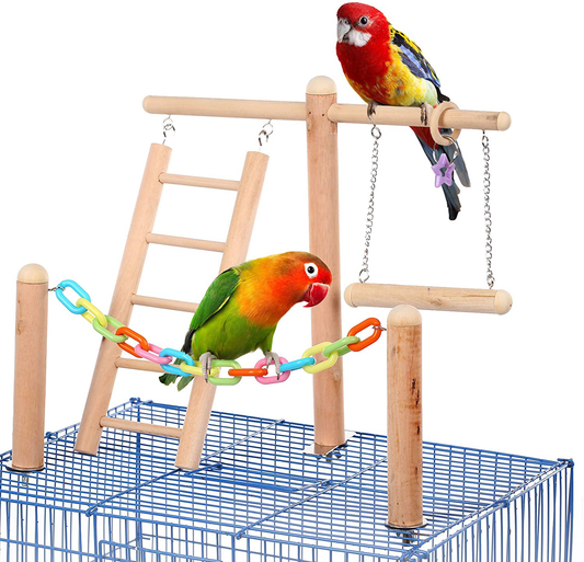 SAWMONG Wooden Bird Play Stand Perch Set, Training Stand with Climbing Ladder, Parrot Playground Birdcage Swing Toy for Parakeets, Cockatiel Animals & Pet Supplies > Pet Supplies > Bird Supplies > Bird Gyms & Playstands SAWMONG   