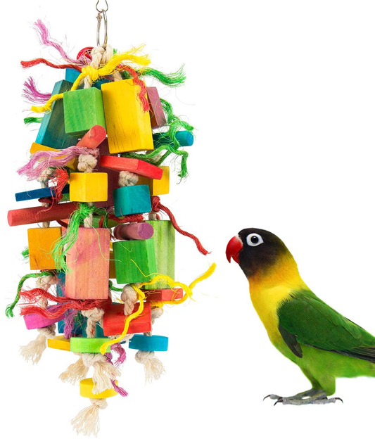 MEWTOGO Medium Bird Parrot Toys - Multicolored Wooden Blocks Tearing Toys for Conures Cockatiels African Grey Foraging and Amazon Parrot Toys